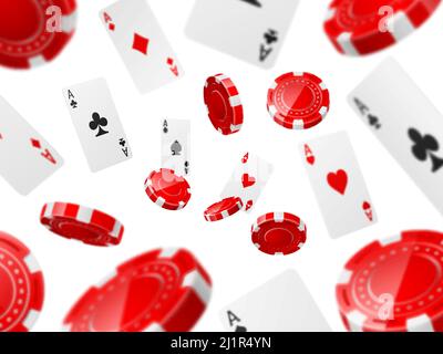 Caduta di assi e chip. Elementi di gioco di volo sfondo. Carte da poker e gettoni. Diversi angoli di visualizzazione. Gioco Fortune. Giocare alla roulette e scommettere Illustrazione Vettoriale