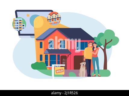 Acquisto casa. La famiglia si sposta in appartamento. App mobile per trovare una nuova casa. Agenzia immobiliare. Mutui ipotecari. Vendere proprietà. Coppia di acquisto Illustrazione Vettoriale