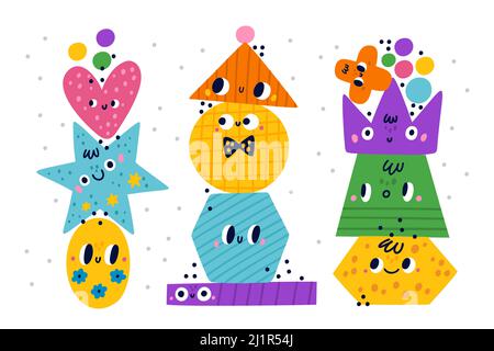 Facce di forme geometriche. Figure colorate piramidi. Giochi di geometria educativa bambini. Set di caratteri fumetti primitivi. Fumetti divertenti. I poligoni carini e. Illustrazione Vettoriale
