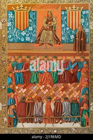 James i il Conquistatore (1208-1276). Conte di Barcellona e Re d'Aragona (1213-1276), Valencia (1239-1276) e Maiorca (1229-1276). Illustrazione dopo una miniatura dell'incunabolo 'Costituzioni e altri diritti della Catalogna', 1495. Jaime presiedevo le corti di Lerida il 3rd marzo 1242. Alla sua destra, il protonotario. Davanti a lui, sulle panchine, rappresentanti dei 'tre braos' o delle proprietà. Chromolithography. Historia General de España, di Modesto Lafuente. Volume I. pubblicato a Barcellona, 1877. Foto Stock