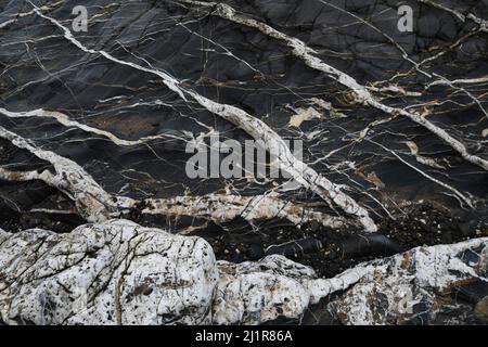 Spiaggia di Crackington Haven che mostra la formazione geologica di pietre fangose e arenarie con vene di calcite e quarz.Cornwall.UK Foto Stock