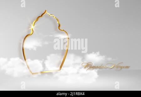 finestra arabica d'oro simbolo islamico Ramadan Kareem nel concetto di cielo per il festival della comunità musulmana. Illustrazione vettoriale del modello di banner su cielo bianco Illustrazione Vettoriale