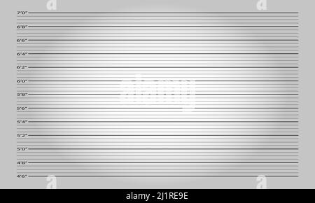 Tabella dell'altezza della polizia per foto di identificazione di persona desiderata, arrestata o sospetta. Lineup sfondo mugshot con effetto di illuminazione. Illustrazione vettoriale realistica Illustrazione Vettoriale