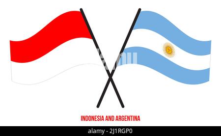 Indonesia e Argentina Bandiere attraversate e ondeggianti stile piatto. Proporzione ufficiale. Colori corretti. Foto Stock