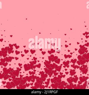 Cuore rosso amore confetti. San Valentino caduta pioggia sfondo succosa. I cuori di carta cuciti cadenti si confettano su sfondo rosa. Illustrazione vettoriale creativa. Illustrazione Vettoriale