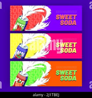 Striscioni di soda dolce con bevande spruzzate in lattine. Succo fresco freddo o campagna pubblicitaria acqua di frutta, bevanda promozionale sfondo colorato in linea stile cartoon d'arte, illustrazione vettoriale Illustrazione Vettoriale