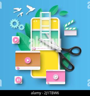 Applicazione di editing di contenuti video per dispositivi mobili vettore 3D Illustrazione Vettoriale