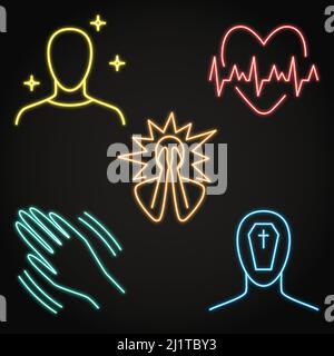 Icona attacco di panico al neon impostata. Sintomi di stress. Battito cardiaco da corsa, paura di morire, tremore e intorpidimento. Illustrazione vettoriale. Illustrazione Vettoriale