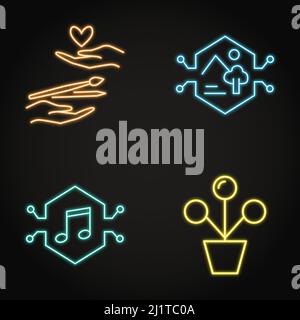 Set di icone NFT ART al neon. Supporto per artisti digitali, simboli di mercato NFT. Illustrazione vettoriale. Illustrazione Vettoriale