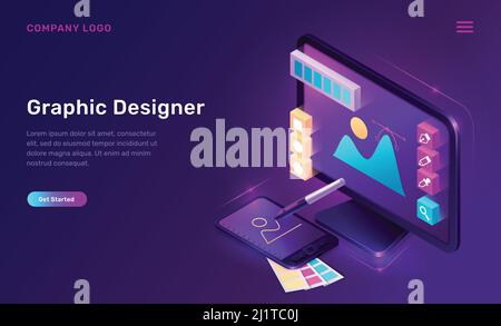 Landing page isometrica del graphic designer, desktop del computer, tablet pc con applicazione per la pittura, oggetti e strumenti per il lavoro creativo, illustratore esterno Illustrazione Vettoriale