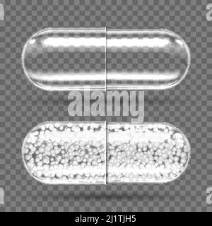 Capsule trasparenti vuote e con riempitivo granulato. Pillole ovali di medicina antidolorifici, antibiotici, vitamina, aminoacido, minerale, additivo bio attivo, Illustrazione Vettoriale