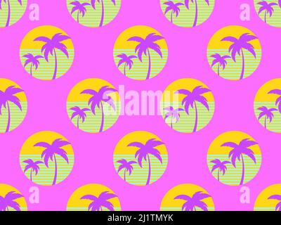 Motivo senza cuciture con futuristiche palme retrò in stile 80s al tramonto. Palme sullo sfondo del sole, stile a onda di sintesi. Design per annunci pubblicitari Illustrazione Vettoriale