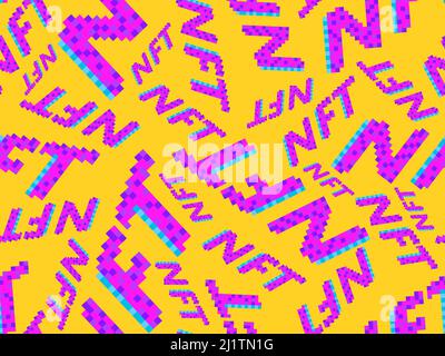 NFT token pixel ART testo isometrico pattern senza giunture. Token non-fungibile NFT. Arte digitale nella tecnologia blockchain. Design per striscioni e promozioni Illustrazione Vettoriale