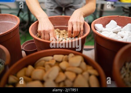 Molte pietre naturali decorative sono vendute nel mercato delle costruzioni. Materiali di costruzione. Di mani femminili sceglie pietre per decorazione. Foto Stock