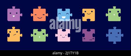 Carino set di puzzle cartoon. Kawaii Happy affronta elementi jigsaw, diversi simboli di gioco. Variopinto collezione vettoriale per bambini che giocano o educano Illustrazione Vettoriale