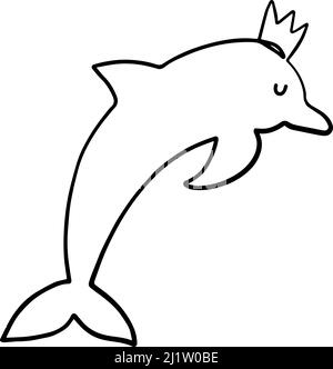 Dolphin regina in continuo stile una linea. Modello carino in stile linea singola per biglietti d'auguri. Linea Contour art design per t-shirt stampa moda Illustrazione Vettoriale