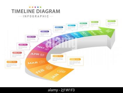 modello infografico per le aziende. Calendario mensile con diagramma Timeline moderno con grafico Gantt a 3D scale Illustrazione Vettoriale