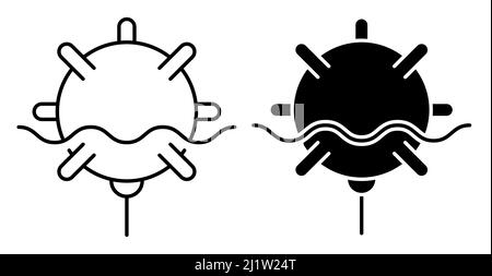 Icona lineare, combattere la miniera sottomarina navale anti. Lotta contro le navi nemiche. Semplice vettore bianco e nero isolato su sfondo bianco Illustrazione Vettoriale
