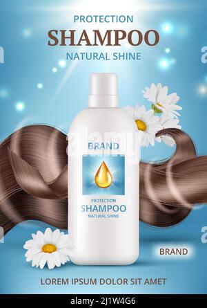 Poster dello shampoo per capelli. Annunci placard con capelli ricci rigogliosi e bottiglie confezioni con liquido cosmetico per auto cura modello realistico vettore decente Illustrazione Vettoriale