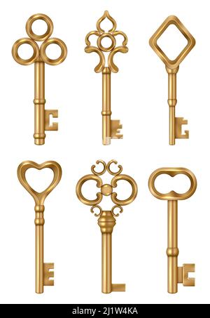 Chiave d'oro. Simboli immobiliari medievale ornato chiavi d'epoca per porte decente vettore 3D illustrazioni realistiche Illustrazione Vettoriale