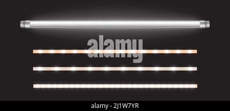 Lampada a tubo e strisce LED, lampada fluorescente a risparmio energetico a lunga luminescenza di luce diffusa diurna, illuminazione artificiale per ufficio. Elemento alogeno Illustrazione Vettoriale
