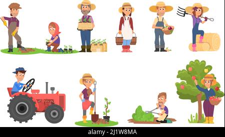 Agricoltore agricolo. La gente che coltiva, coltivatori che raccolgono e giardinaggio. Mercati locali proprietario cartoni animati, lavoratori agricoli. Giardinieri decenti caratteri vettoriali Illustrazione Vettoriale