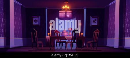 Gli interni della sala da pranzo sono in classico stile vittoriano con candele bruciate di notte. Cartoni animati vettoriali illustrazione di mobili barocchi d'epoca in vecchio banchetto Illustrazione Vettoriale