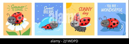 Cartoon ladybug carte. Insetti graziosi del bambino, caratteri del coleottero del cartone animato del bambino, coleottero rosso cute che si siede sulla foglia o sul fiore, manifesti quadrati divertenti con Illustrazione Vettoriale