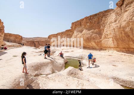 Peres waterholes questi buchi contengono l'acqua di alluvione dalle inondazioni frequenti nella regione. Fotografato a Wadi Peres Un letto di fiume stagionale nella N Foto Stock