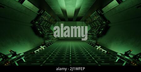 Green glowing Sci Fi futuristico magazzino Hangar Spaceship realistico Showroom Steel Metal Frame Corridor Tunnel Dark Underground 3D rendering Foto Stock