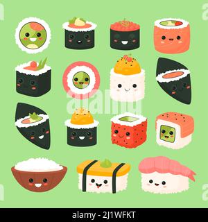 Cibo giapponese divertente. Panini e sushi cartoon personaggi, kawaii comic ingredienti, cucina asiatica emoji, riso, salmone in alghe, mascot con felice Illustrazione Vettoriale