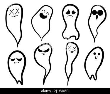 Ghosts doodle set. Set di fantasmi in tessuto. Fantasmi volanti. Halloween spaventoso mostri fantasma. Simpatici personaggi fumetti. Illustrazione Vettoriale