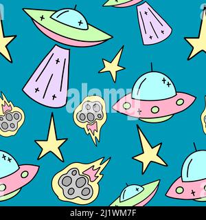Vettore senza cuciture spazio infantile modello con razzi, asteroidi e ufo. Illustrazione Vettoriale