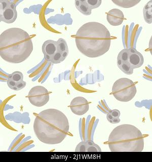 Pattern vettoriale senza giunture in stile boho con oggetti spaziali dipinti ad acquerello. Illustrazione Vettoriale