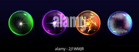 Sfere magiche, sfere di cristallo di colori diversi con scintille, bagliore, plasma e nebbia mistica all'interno, sfere di energia, globi fantasy per isola stregoneria Illustrazione Vettoriale
