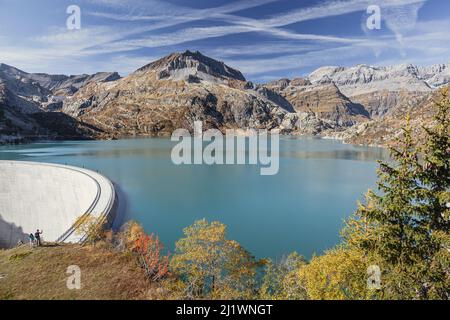 Diga di Emosson in autunno, Vallese (Wallis), Svizzera Foto Stock