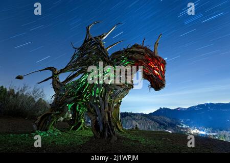 Drago Vaia (Vaia Dragon) nel morto della notte. La scultura è opera dell'artista Marco Martalar. Lavarone, Alpe cimbra, Trentino, Italia. Foto Stock