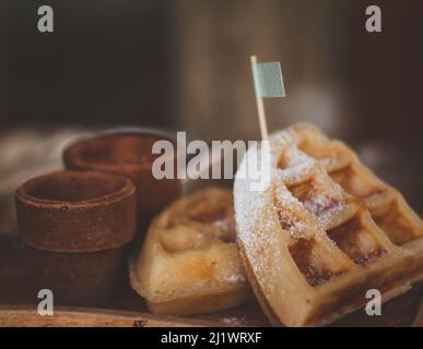 Waffle belgi fatti in casa serviti su un piatto. Messa a fuoco selettiva. Foto Stock