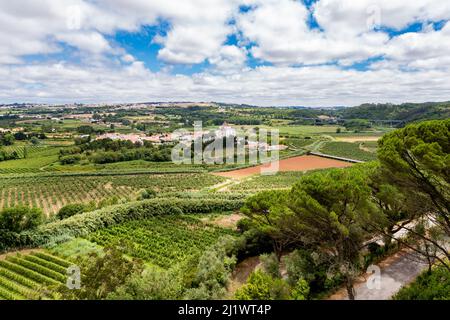 Vista panoramica dal castello dei campi coltivati di Óbidos e dal santuario di Gesù da Pedra fuori dalle mura Foto Stock