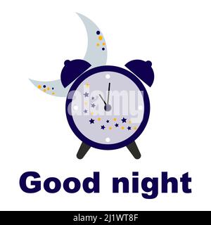 Un'icona di sveglia, un'illustrazione a colori piatta di una sveglia con una luna, un banner con l'iscrizione Buona notte. Illustrazione Vettoriale