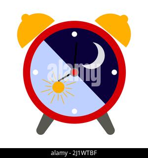 Icona della sveglia, illustrazione a colori piatta di una sveglia con luna e sole, giorno e notte. Vettore isolato su sfondo bianco Illustrazione Vettoriale