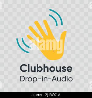 Icona della mano che scuote l'app Clubhouse. Mano gialla su sfondo trasparente. Illustrazione Vettoriale