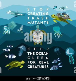 Giornata mondiale degli oceani, Giornata Mondiale dell'ambiente, Giornata della Terra, Giornata Mondiale del Mare illustrazione vettoriale del concetto. Arrestare l'inquinamento da plastica. Mantenere gli oceani puliti. Foto Stock