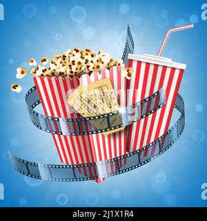 Pop corn al cinema, bevanda analcolica, biglietti e poster del film Strip con snack fast food e bevanda a cola in un pacchetto a righe monouso su offuscamento astratto Illustrazione Vettoriale