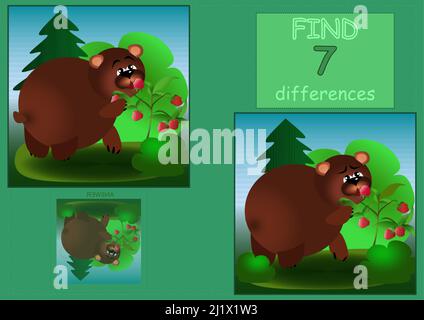 Trova 7 differenze orso marrone nella foresta mangiare lamponi illustrazione per bambini Illustrazione Vettoriale