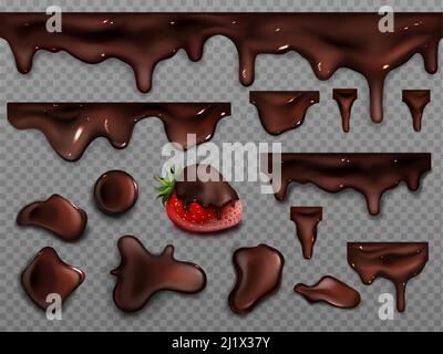 Gocciolamento di cioccolato fuso isolato su fondo trasparente. Vettore realistico insieme di gocce, macchie, blob e flusso di crema di cacao. Fragola al buio Illustrazione Vettoriale