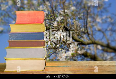 pila di libri con l'albero di magnolia sfocato in fiore sullo sfondo, primavera, lettura e concetto rilassante Foto Stock