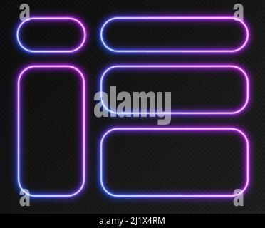 Insieme di cornici sfumate al neon, insieme di bordi rettangolari arrotondati rosa-blu. Striscioni colorati illuminati. Illustrazione Vettoriale
