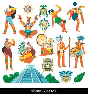 Civiltà maya, persone e totem, cittadella Illustrazione Vettoriale