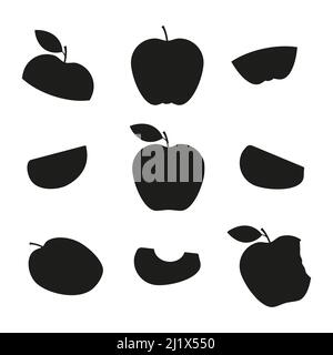 Set di silhouette nere Apple. Raccolta di fette di mela. Vettore isolato su bianco. Illustrazione Vettoriale